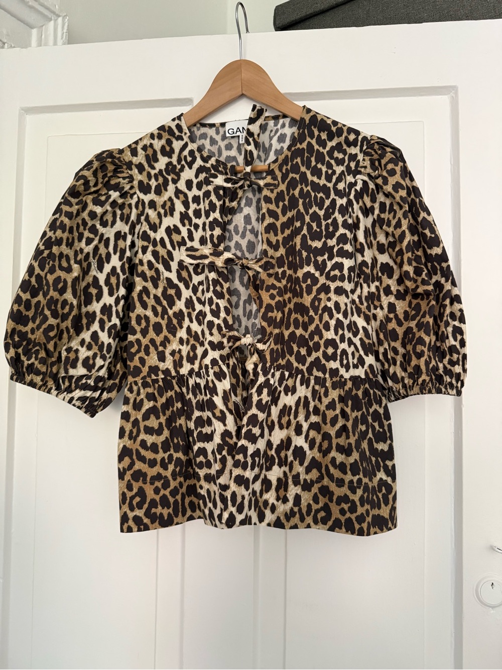 Ganni Leopard Tie-Front Puff Sleeve Blouse in Brown and Cream